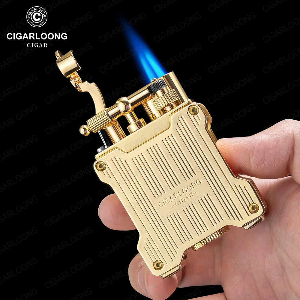 Gold lighter being held with a visible flame, brand 'Cigarloong' on a black background