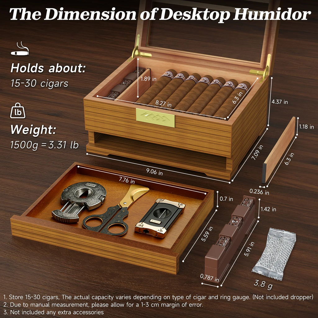 Cedar Wood Desktop Cigar Humidor with Glass Window & Digital Hygrometer - 15-30 Cigar Capacity | Pull-Out Drawer & Gel Humidifier Storage Box
