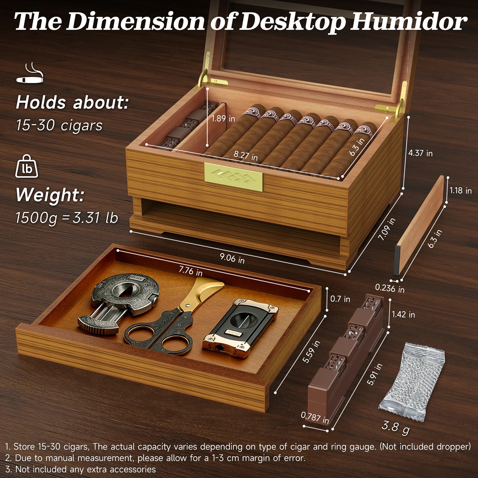 Cedar Wood Desktop Cigar Humidor with Glass Window & Digital Hygrometer - 15-30 Cigar Capacity | Pull-Out Drawer & Gel Humidifier Storage Box
