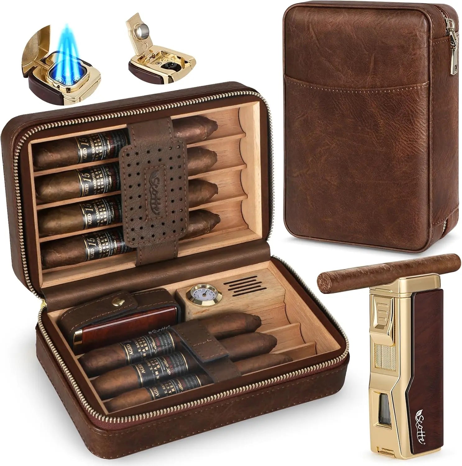 Cedar Wood Travel Cigar Humidor Set | Leather Case with Lighter & Cutter