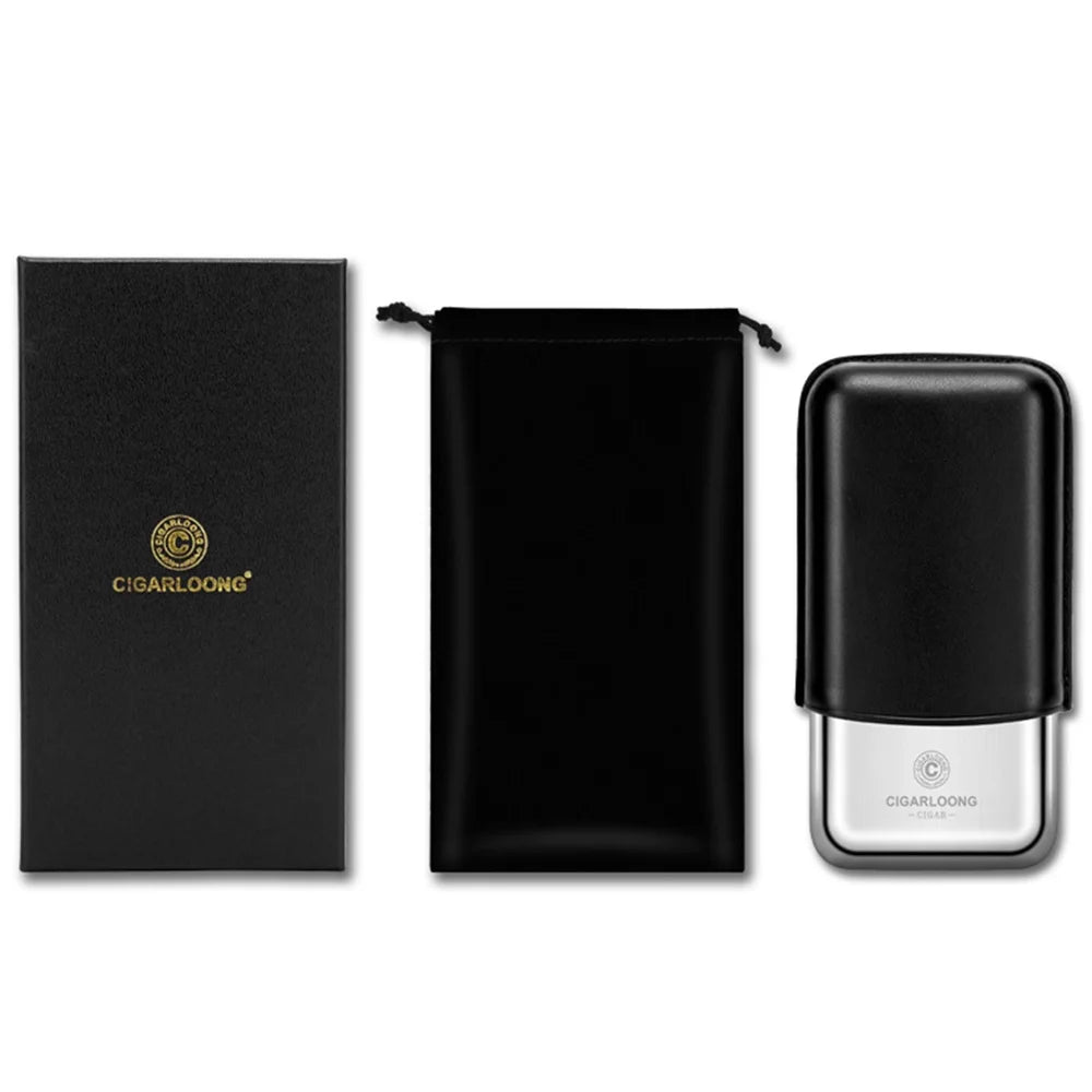 Leather 3-Cigar Travel Case with Stainless Steel Shell - Premium Cowhide Portable Humidor | Cigar Tube Holder