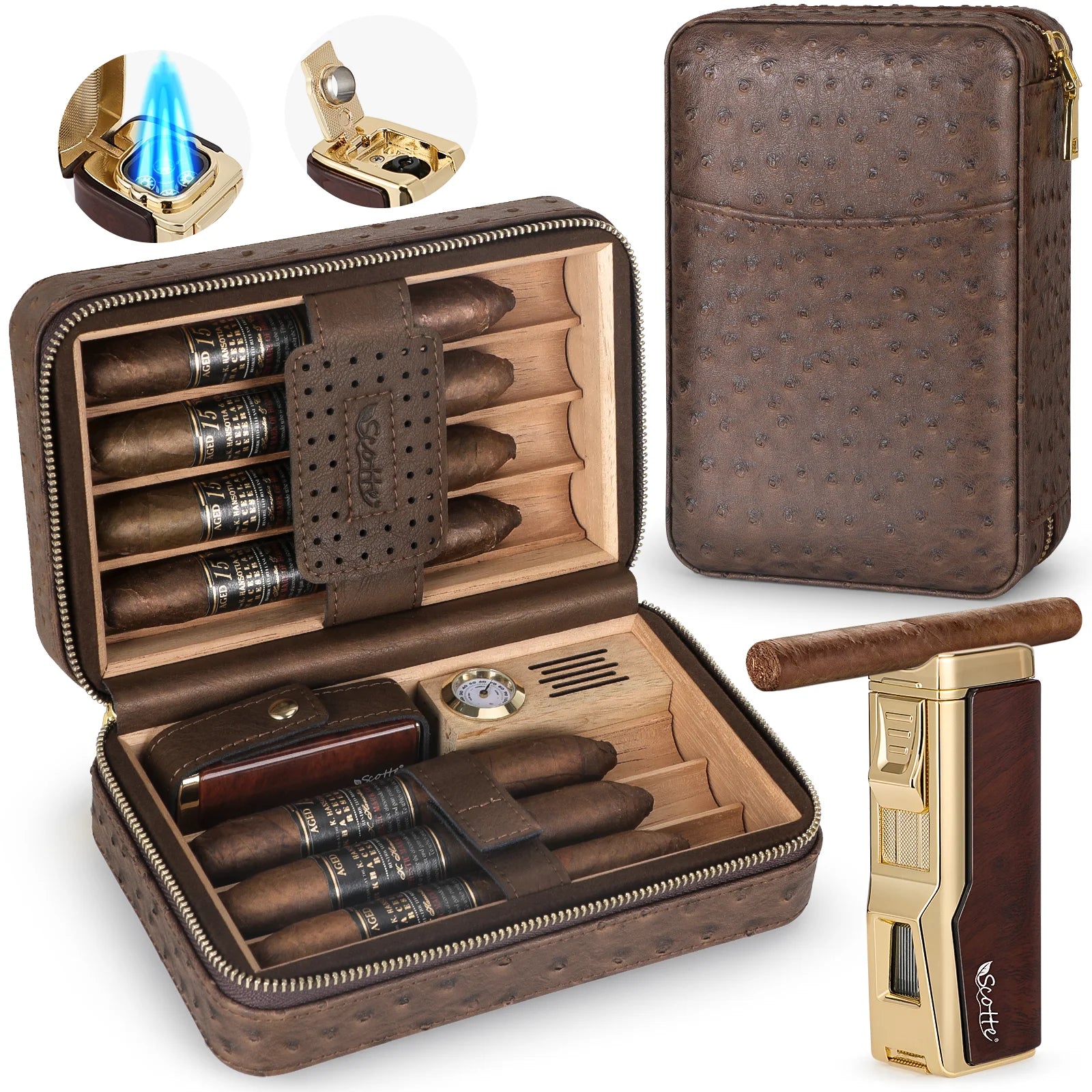 Cedar Wood Travel Cigar Humidor Set | Leather Case with Lighter & Cutter