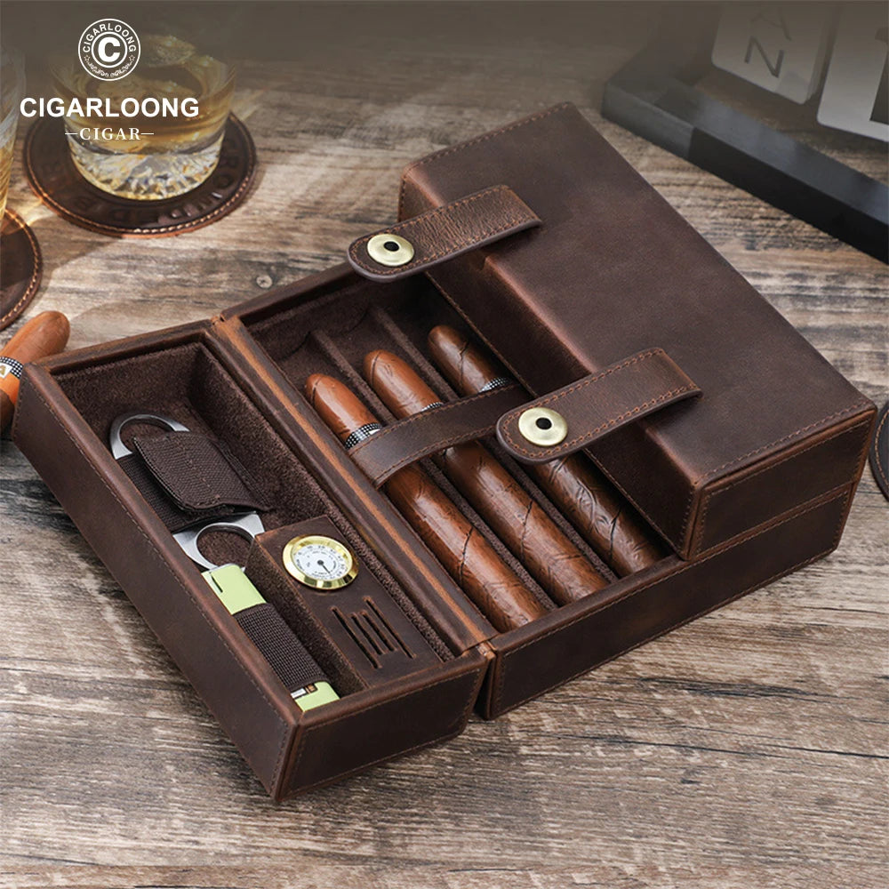 Leather Cigar Travel Case - 7 Cigar Humidor with Hygrometer - Portable Storage Box with Cutter & Lighter Holder