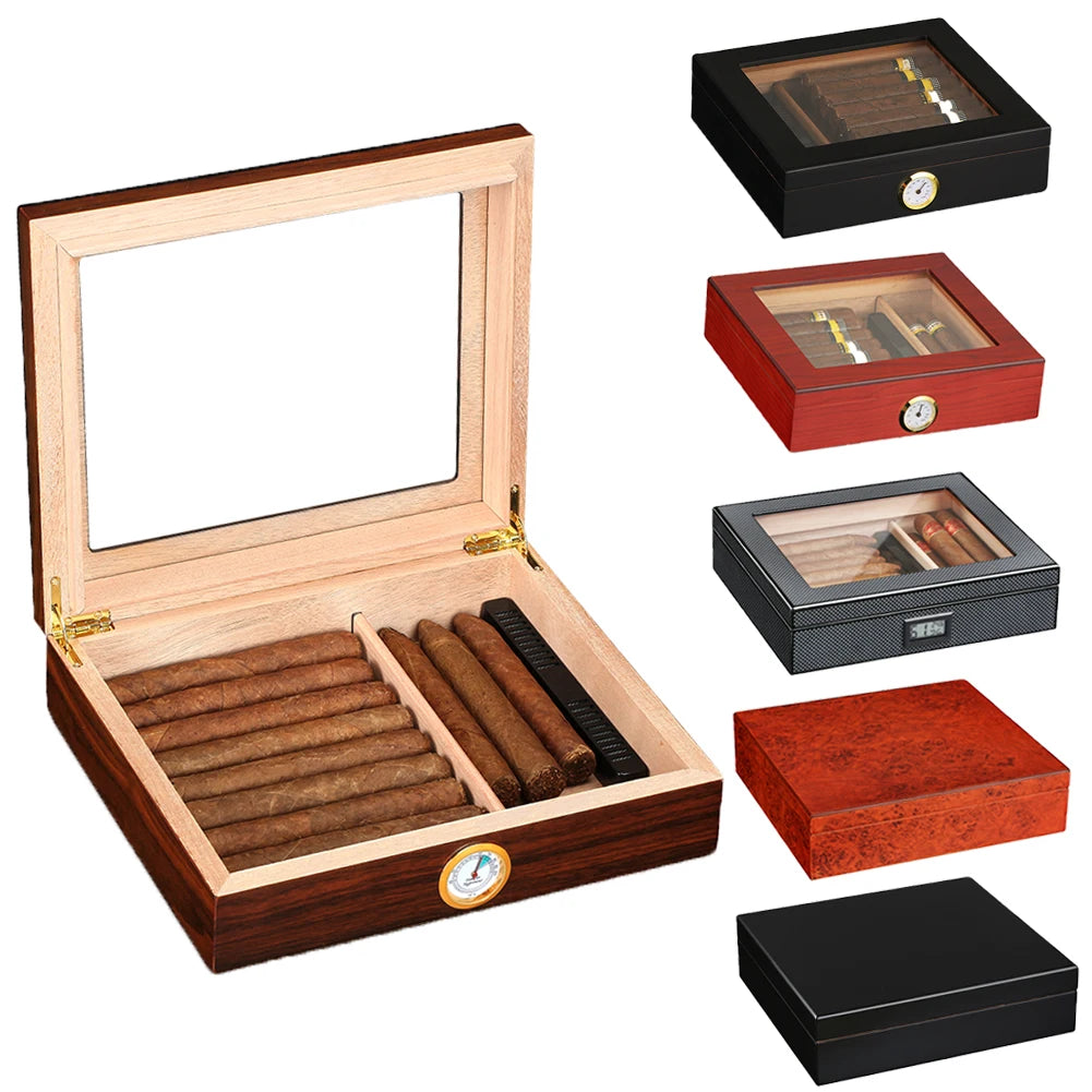 Cedar Wood Desktop Cigar Humidor with Glass Top - 20-25 Cigar Capacity with Hygrometer & Humidifier | Premium Cigar Storage Box