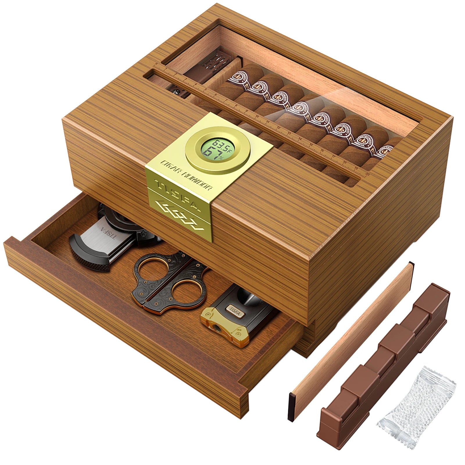 Cedar Wood Desktop Cigar Humidor with Glass Window & Digital Hygrometer - 15-30 Cigar Capacity | Pull-Out Drawer & Gel Humidifier Storage Box
