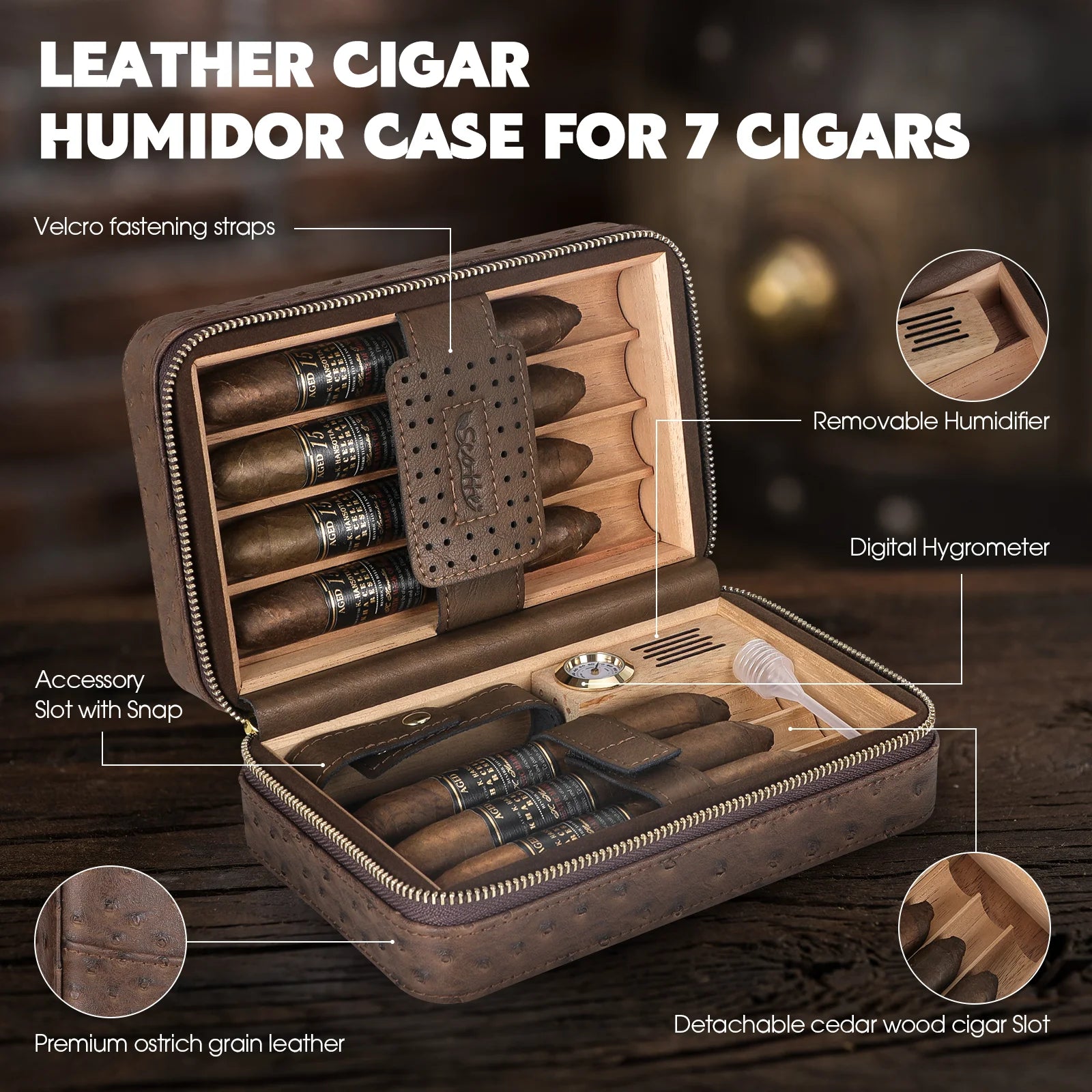 Cedar Wood Travel Cigar Humidor Set | Leather Case with Lighter & Cutter