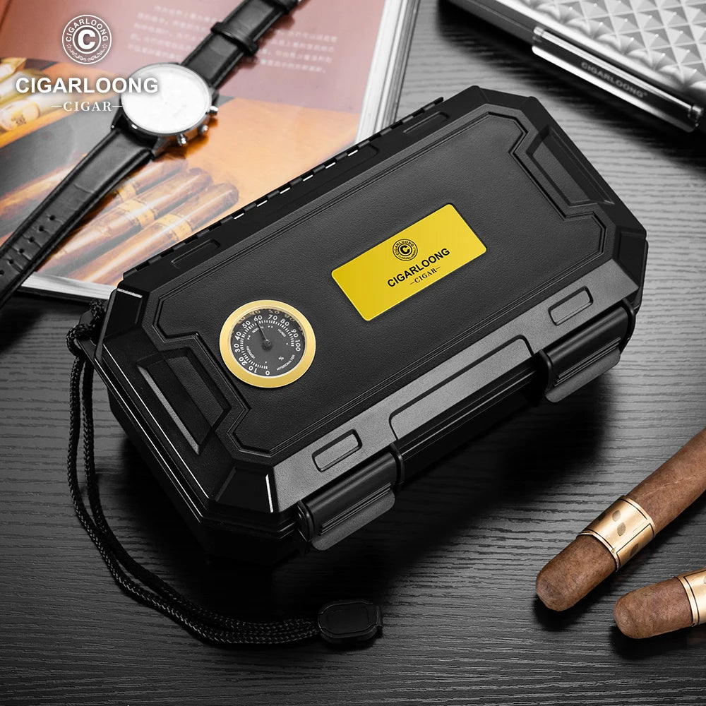 Portable Cigar Humidor Case - 10 Cigar Travel Holder with Hygrometer & Humidifier - Waterproof Storage Box
