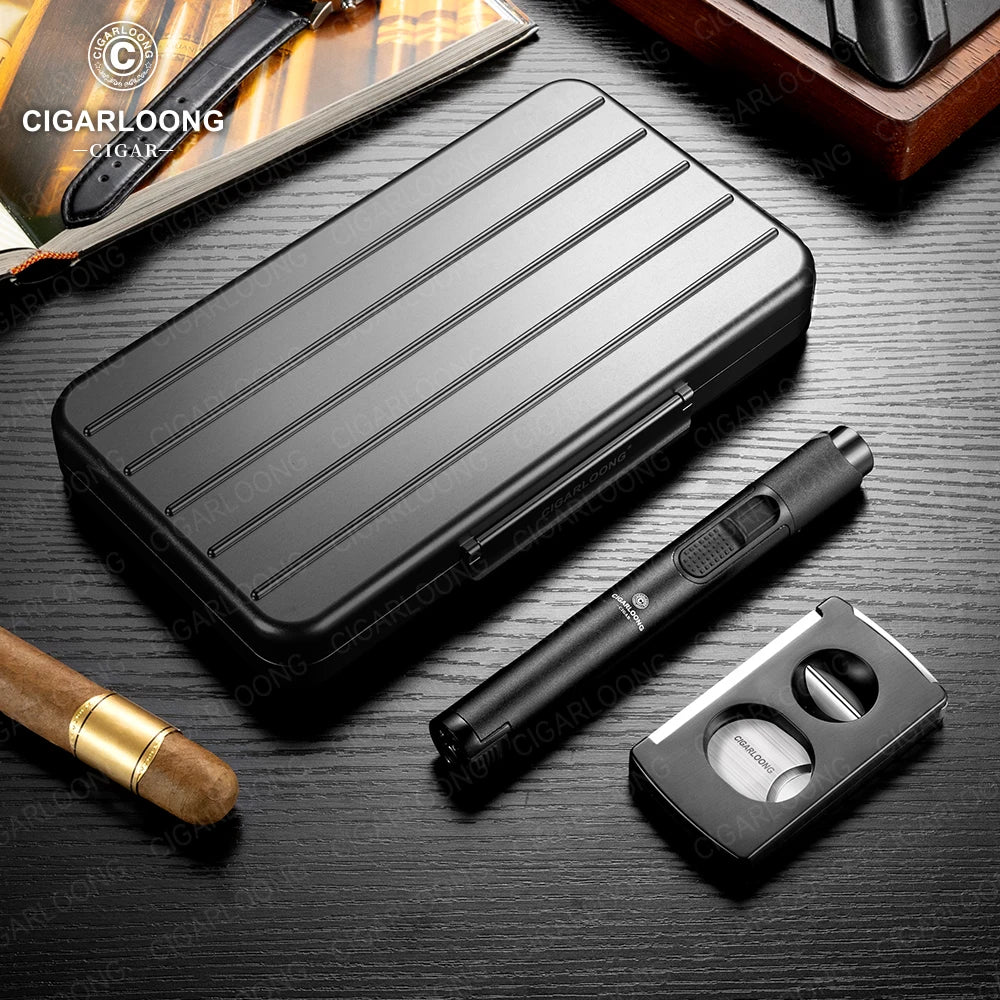 3-Piece Cigar Accessory Travel Case with Torch Lighter, V-Cutter & Humidor | Premium Aluminum Gift Set