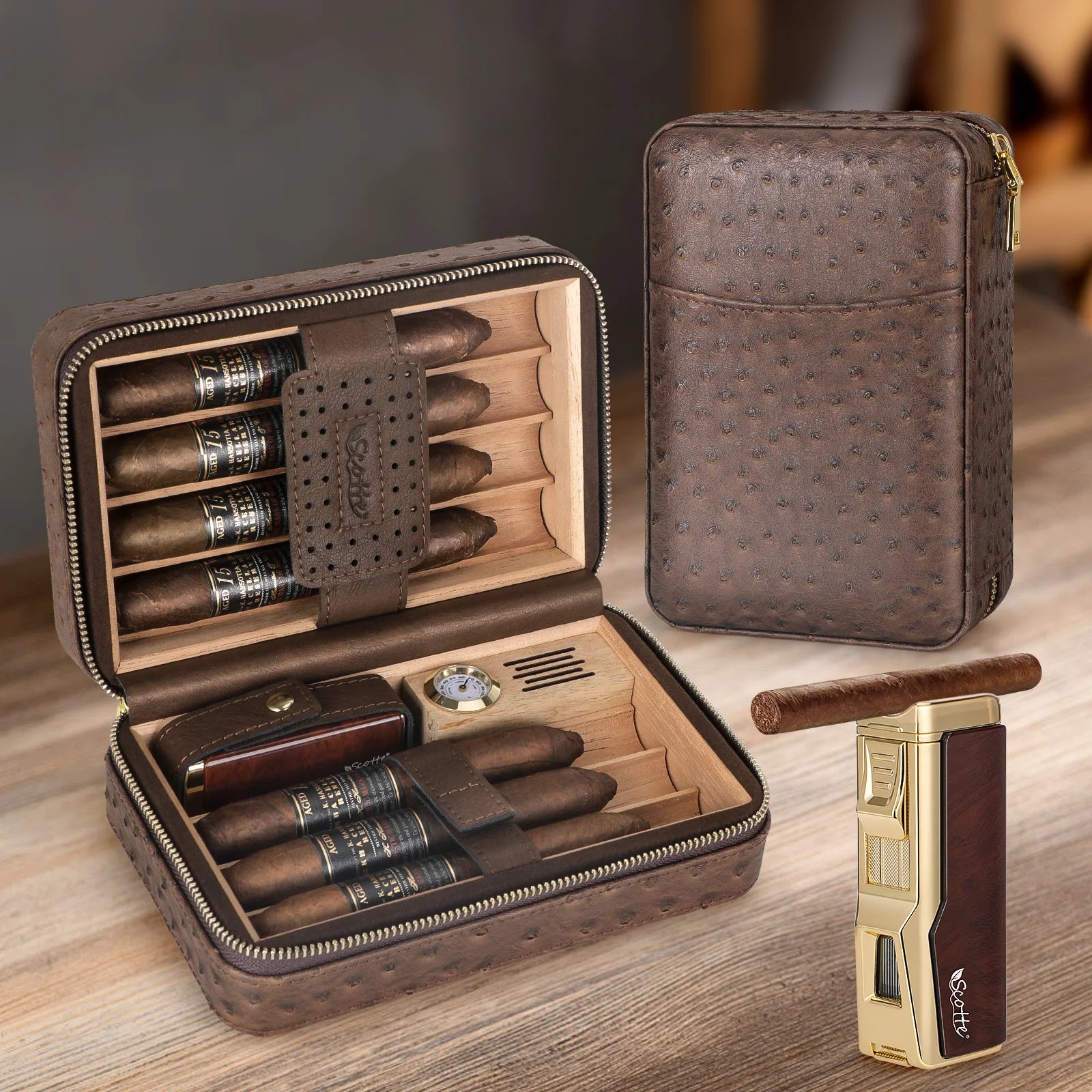 Brown leather cigar case with cigars and a lighter on a wooden surface