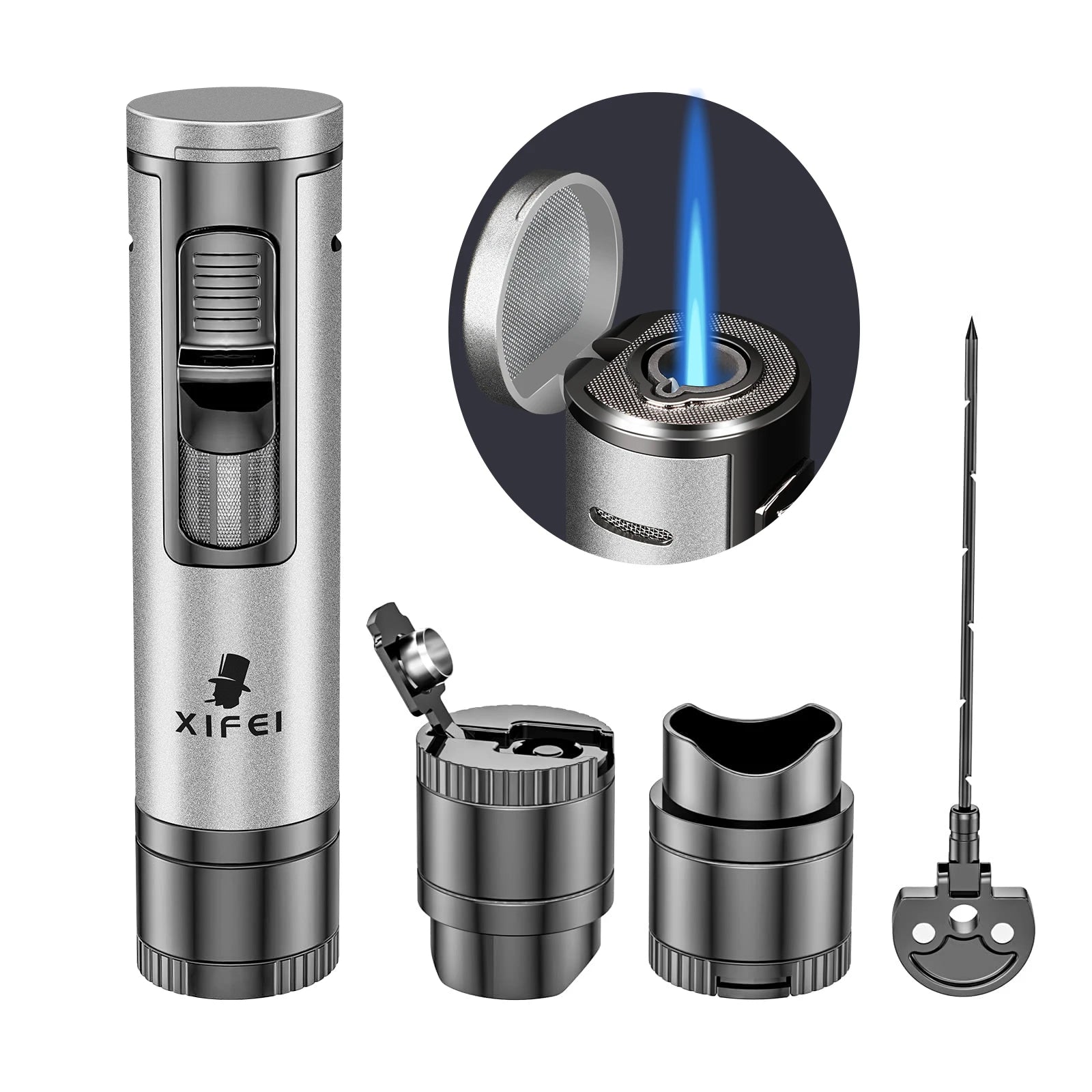 Torch Lighter with Cigar Punch & Stand - Refillable Butane Windproof Lighter - 4-in-1 Accessory Tool