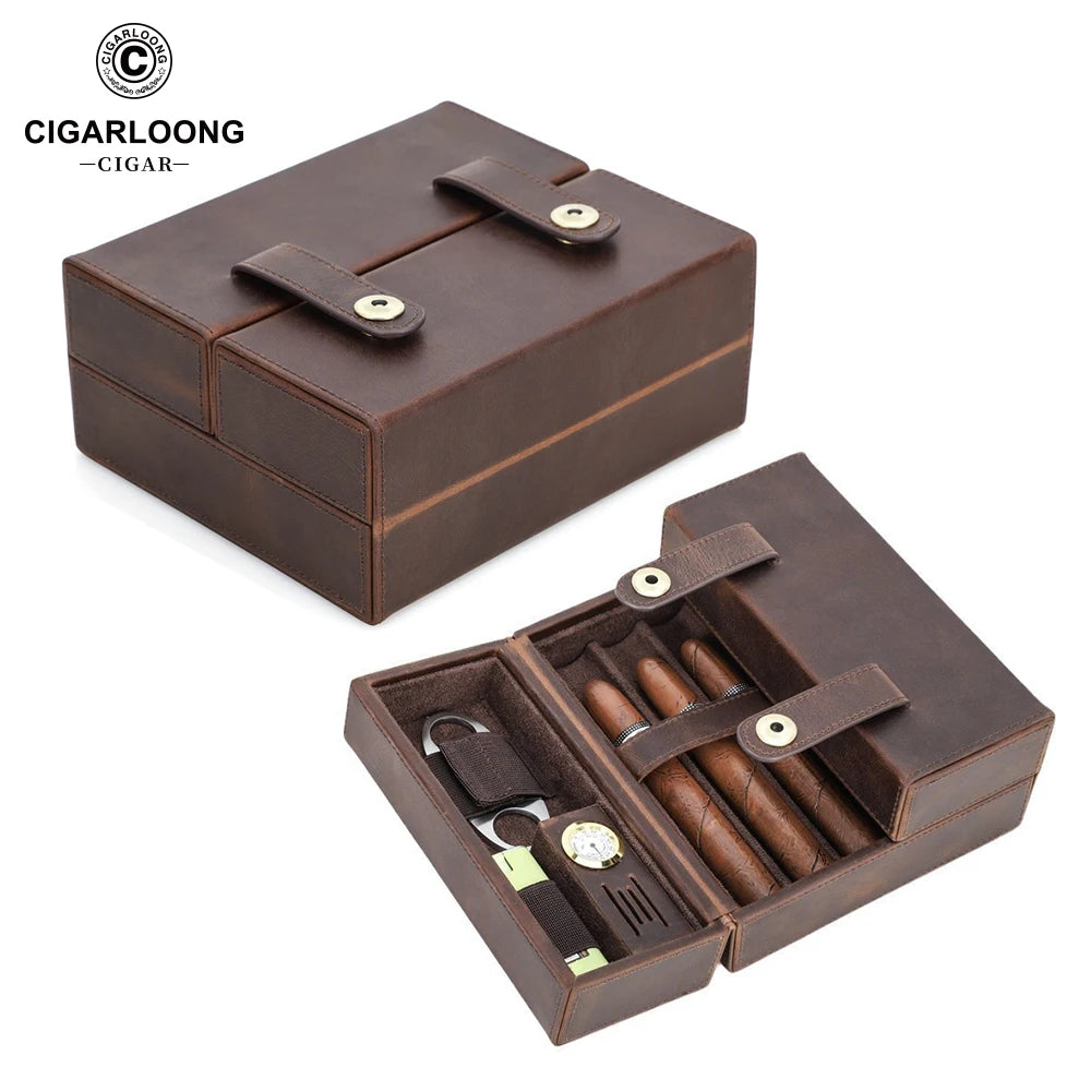 Leather Cigar Travel Case - 7 Cigar Humidor with Hygrometer - Portable Storage Box with Cutter & Lighter Holder