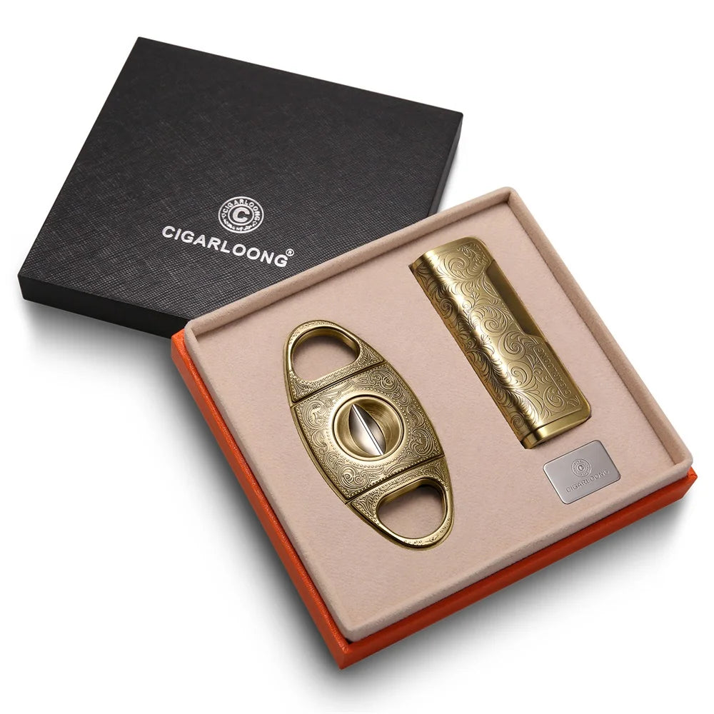Luxury Cigar Cutter and Lighter Gift Set - Engraved Windproof Torch Lighter | V-Cut Guillotine Cutter | Premium 2-Piece Smoking Accessories
