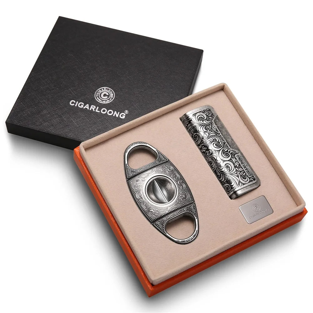 Luxury Cigar Cutter and Lighter Gift Set - Engraved Windproof Torch Lighter | V-Cut Guillotine Cutter | Premium 2-Piece Smoking Accessories