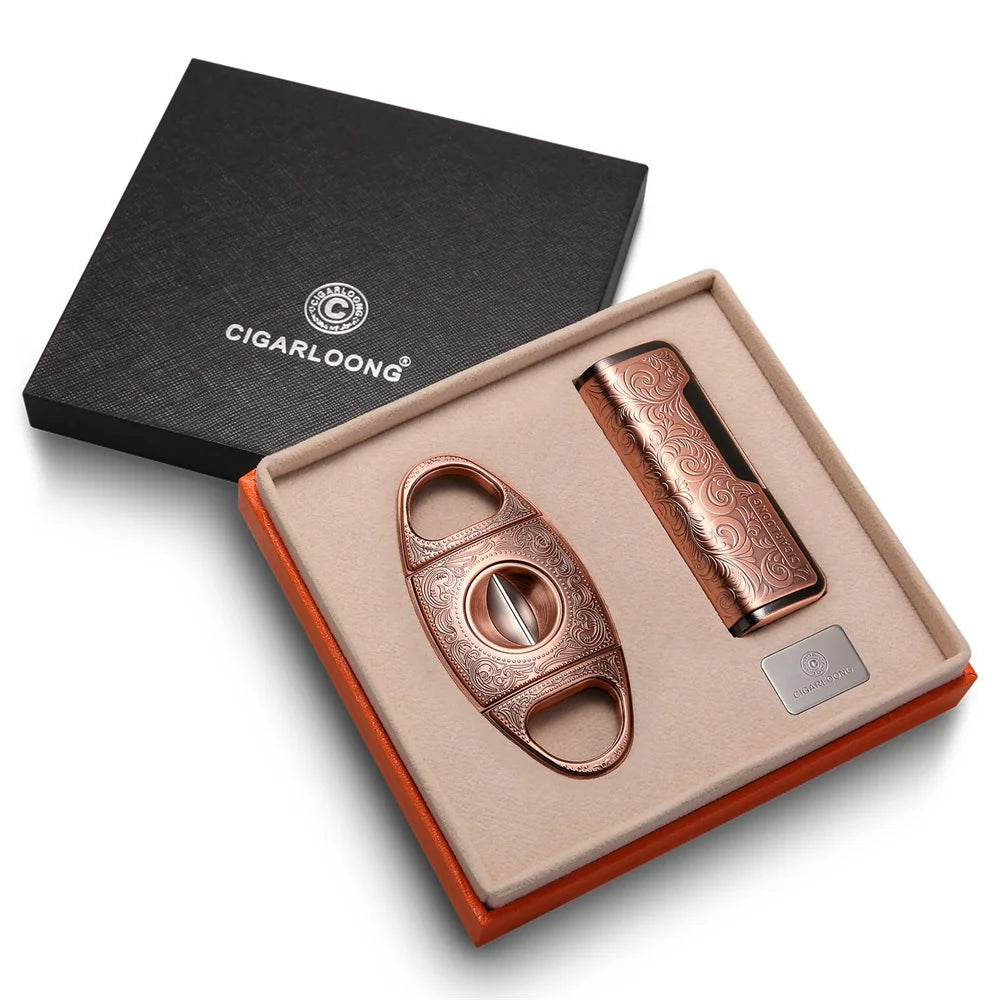 Luxury Cigar Cutter and Lighter Gift Set - Engraved Windproof Torch Lighter | V-Cut Guillotine Cutter | Premium 2-Piece Smoking Accessories