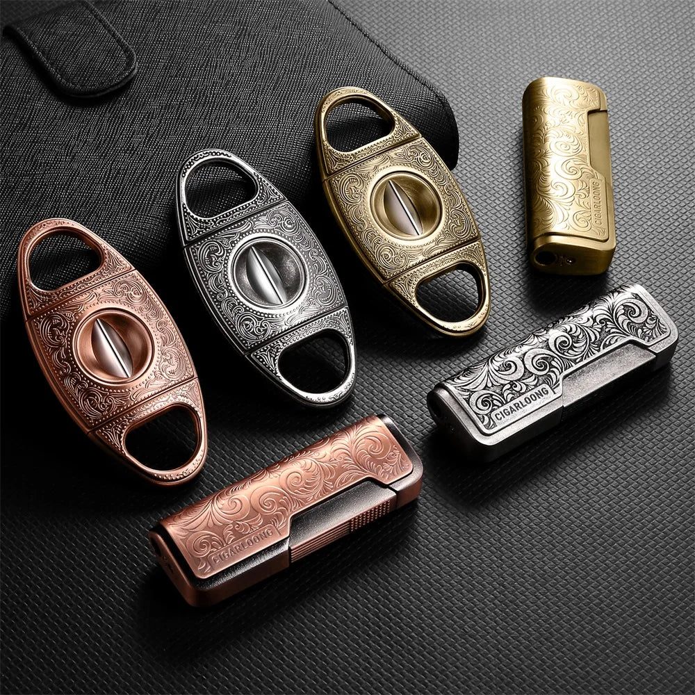 Luxury Cigar Cutter and Lighter Gift Set - Engraved Windproof Torch Lighter | V-Cut Guillotine Cutter | Premium 2-Piece Smoking Accessories