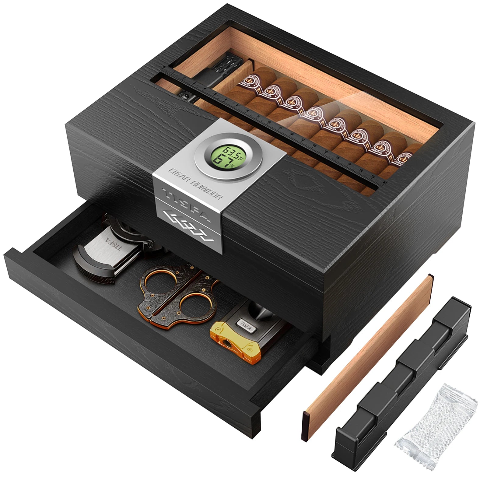 Black cigar humidor with digital thermometer, accessories, and tools on a white background