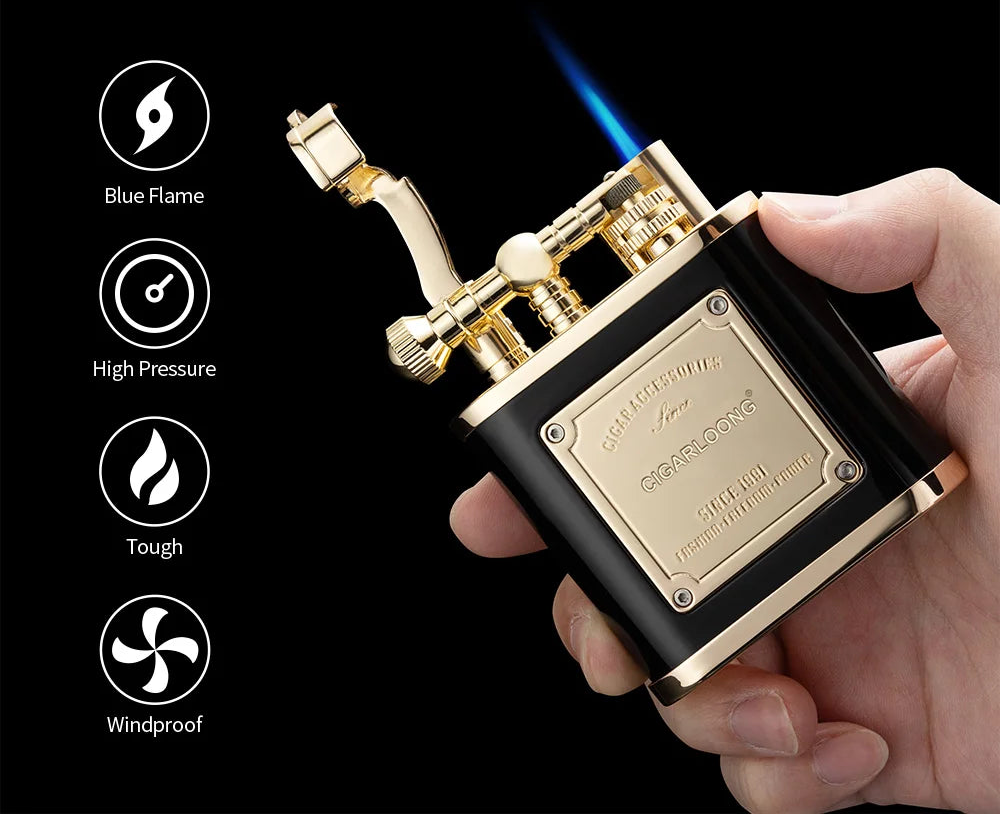 Windproof flame lighter held by a hand with product features highlighted.