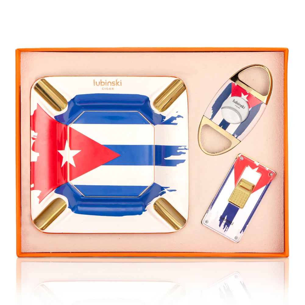Accessory set with a cutter, lighter, and ashtray featuring a cuban flag design on white background.