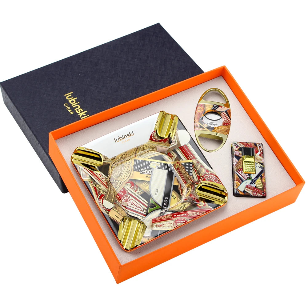 Decorative cigar accessory set with colorful design in a gift box.