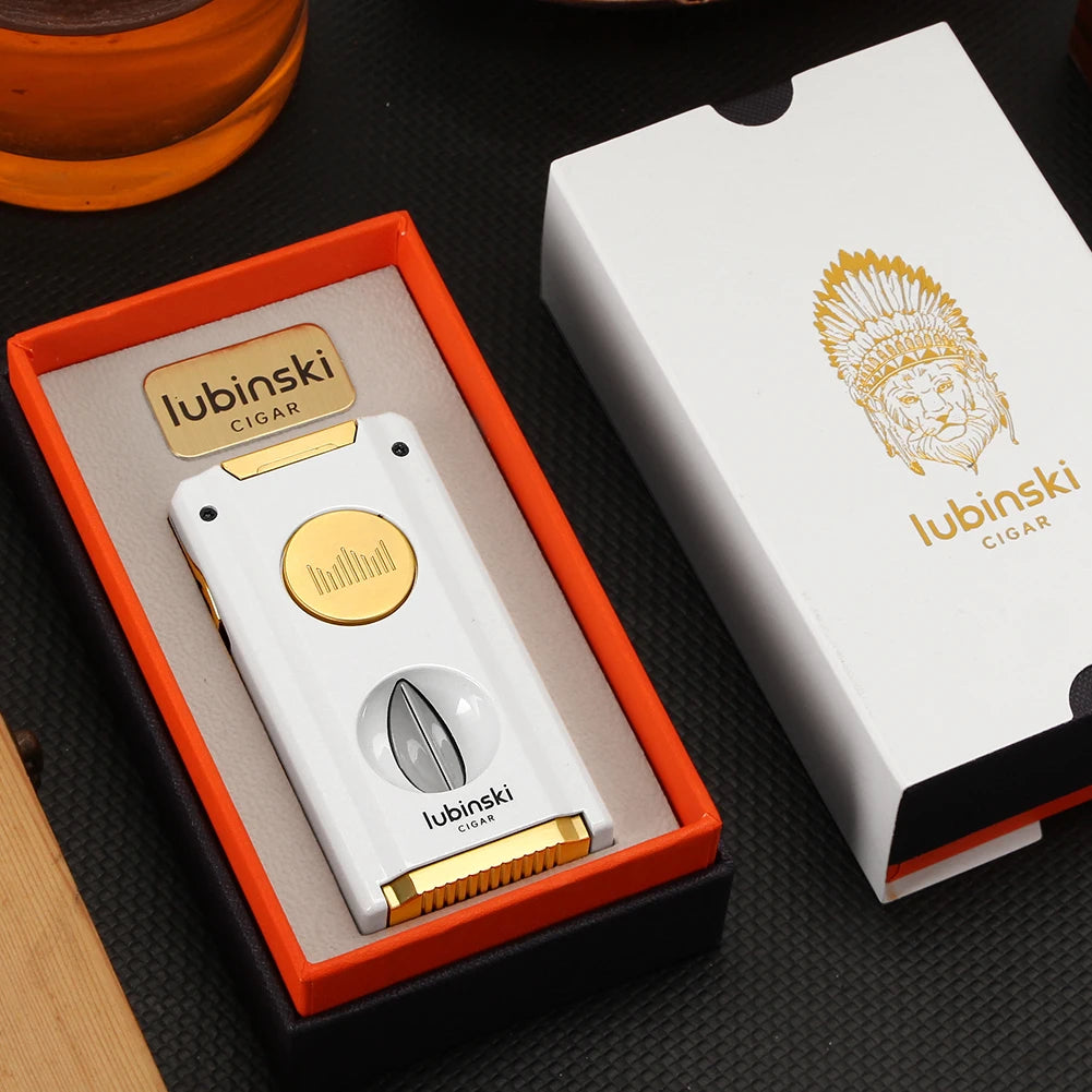 White cigar lighter and packaging on a dark surface