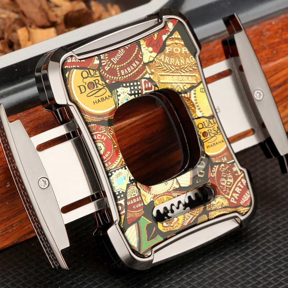 Decorative cigar cutter with intricate design of cigar brands on a textured surface