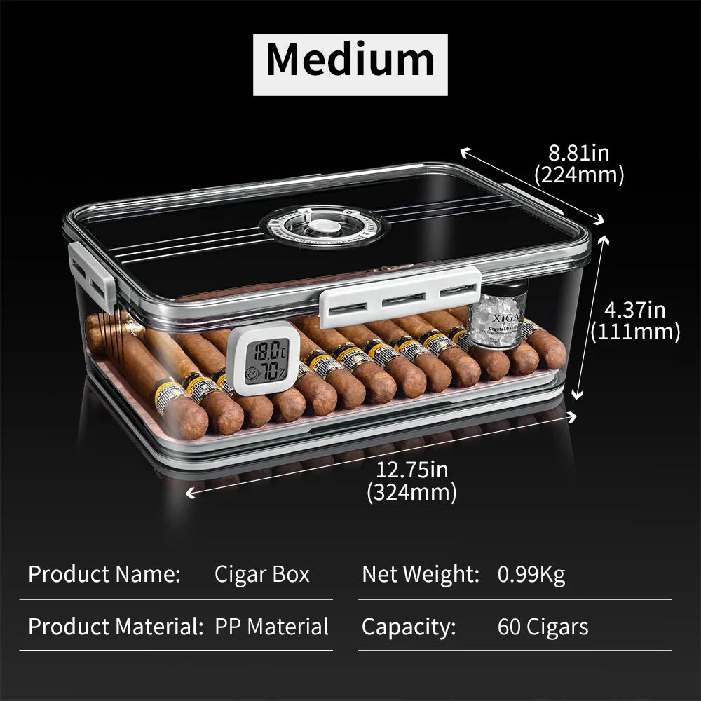 Cigar box with digital thermometer and humidity gauge, showing dimensions and product details.