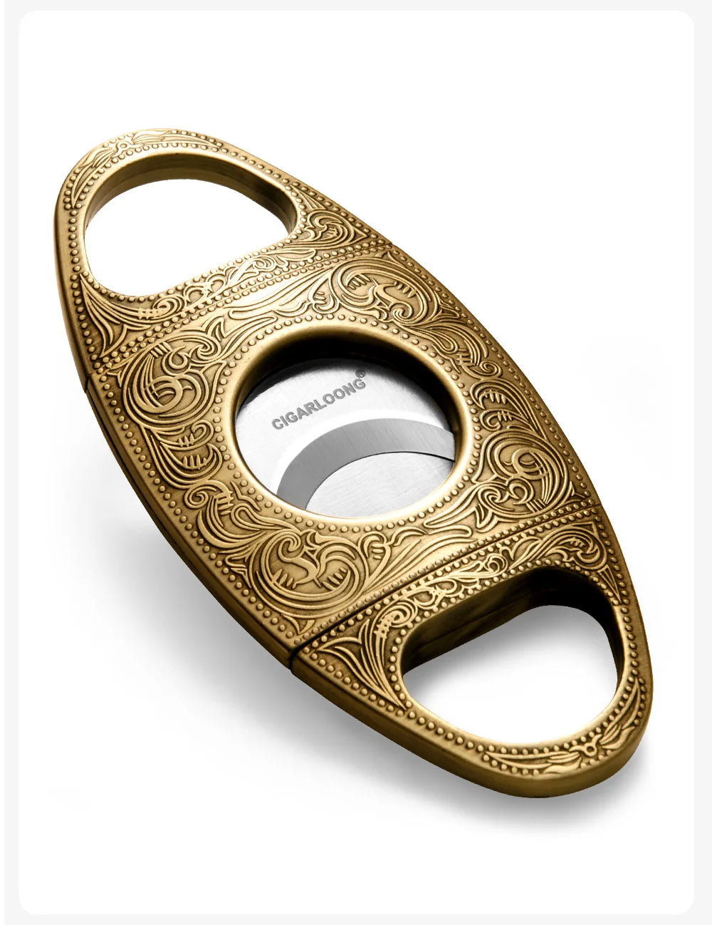 Gold embossed cigar cutter on a white background