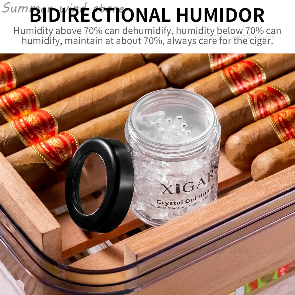 Cigars in a humidor with a crystal gel humidifier