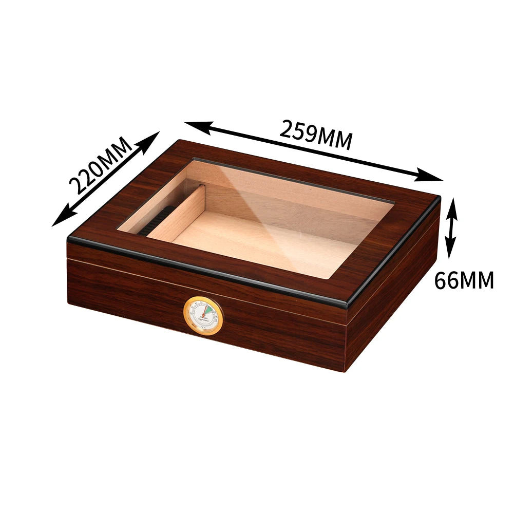 Wood finished cigar humidor with dimensions labeled.