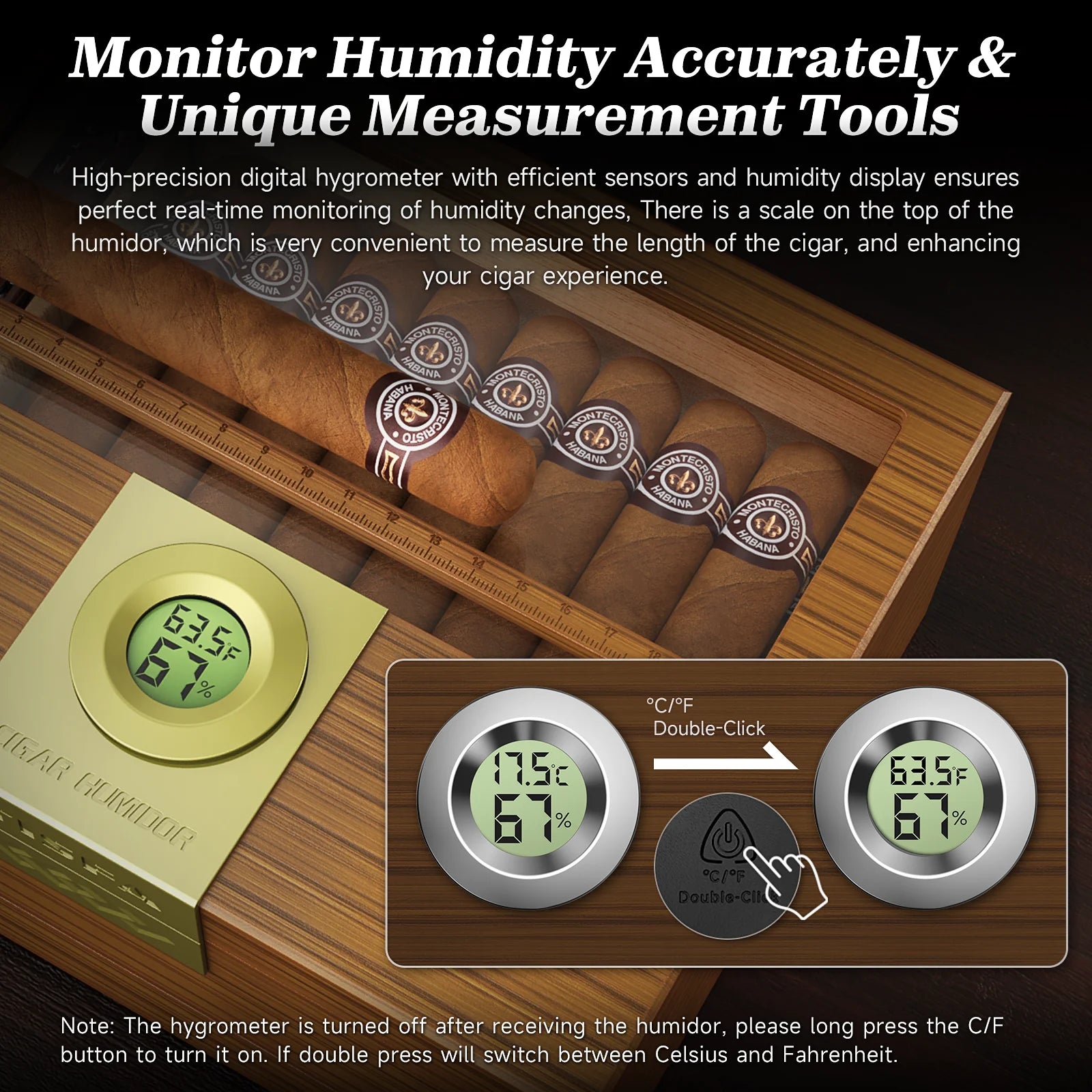 Digital hygrometer with humidifier for monitoring humidity, shown with cigars and a humidor.