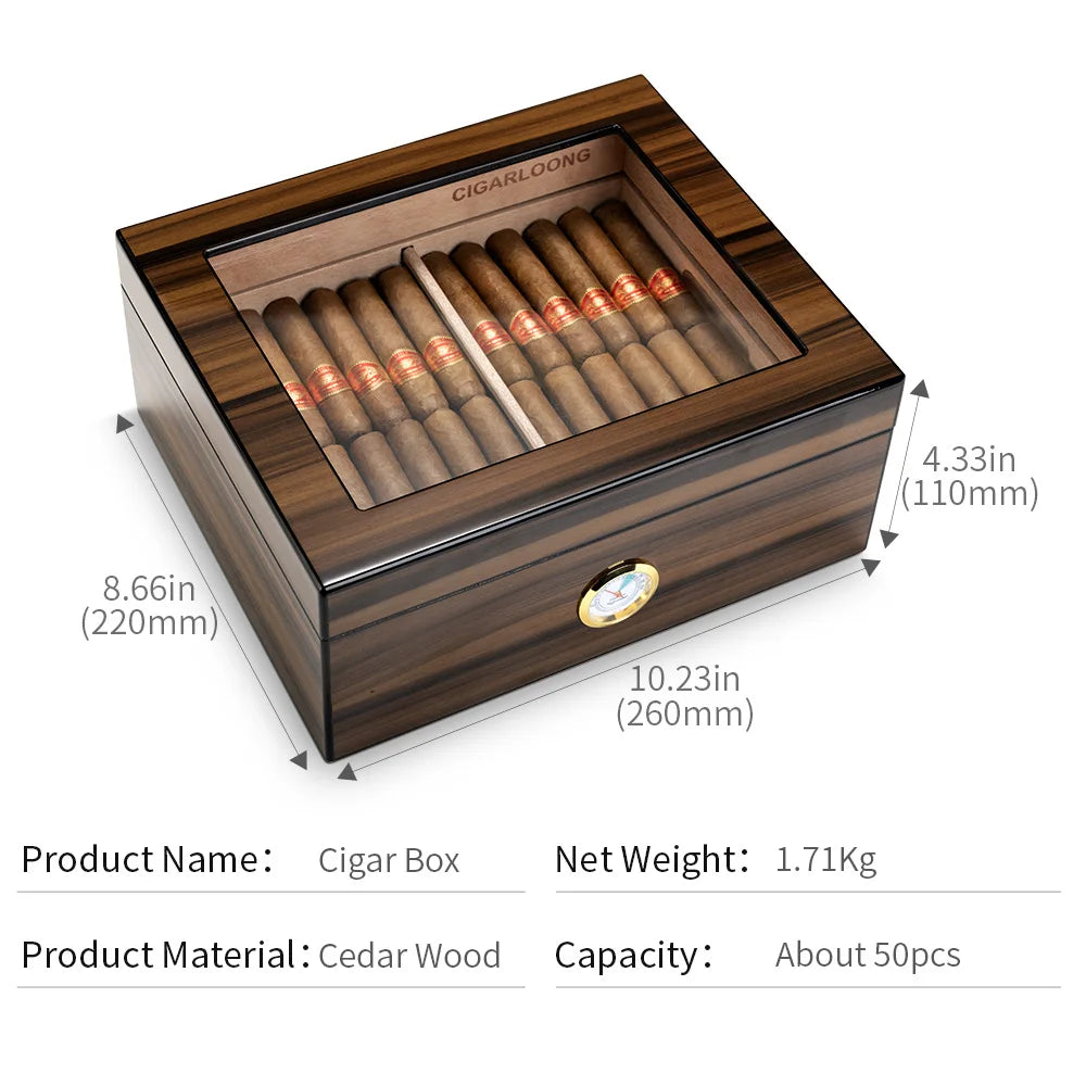 Medium wooden cigar box with cigars inside, dimensions displayed, on a white background.