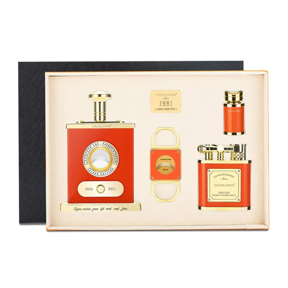 Red cigar accessory set on a white background