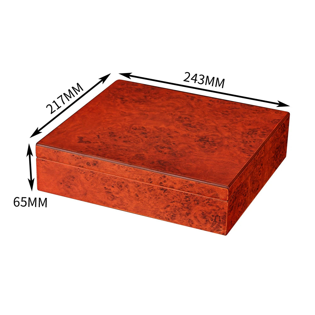 Red wooden cigar humidor with dimensions labeled.