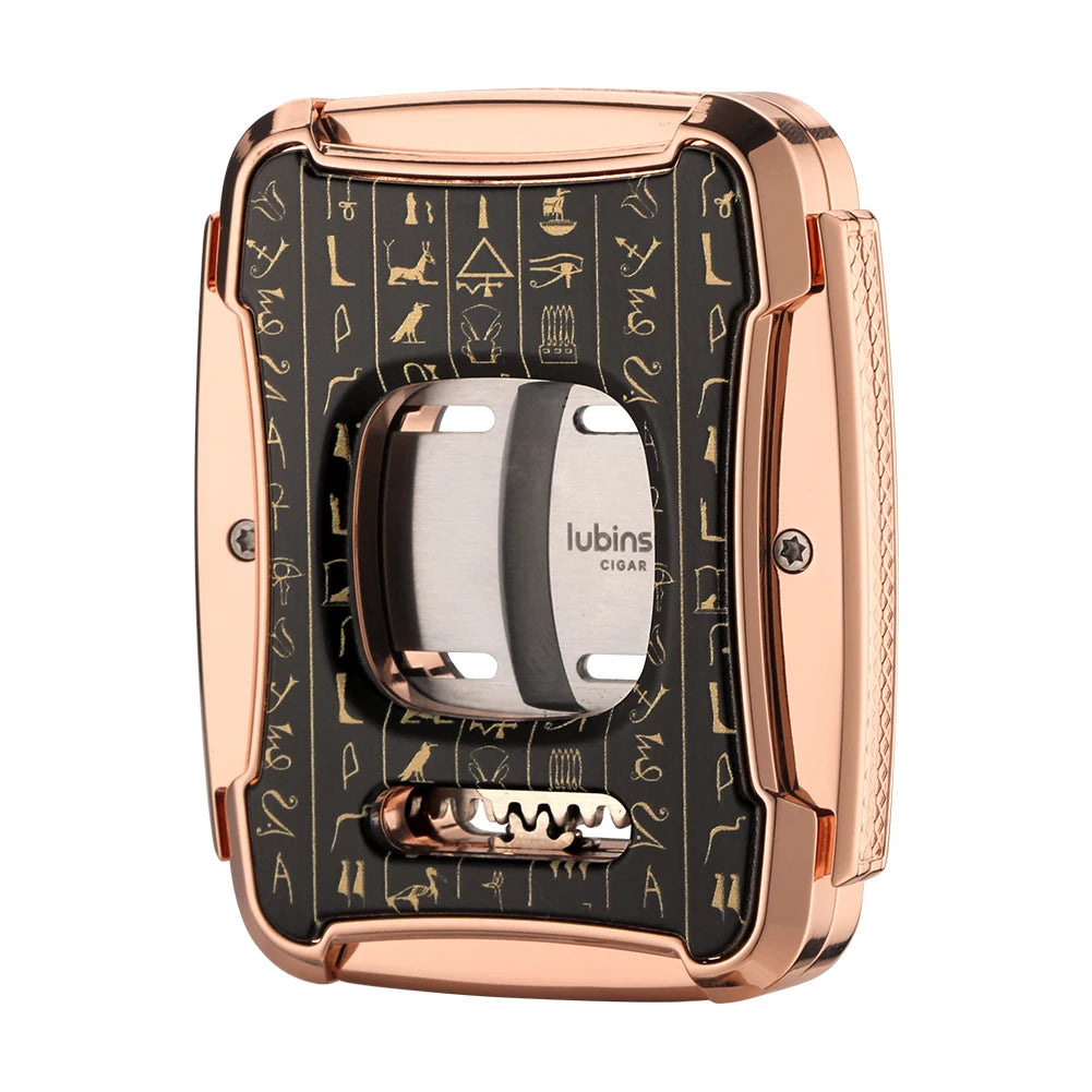 Cigar cutter with rose gold finish and hieroglyphic design on a white background
