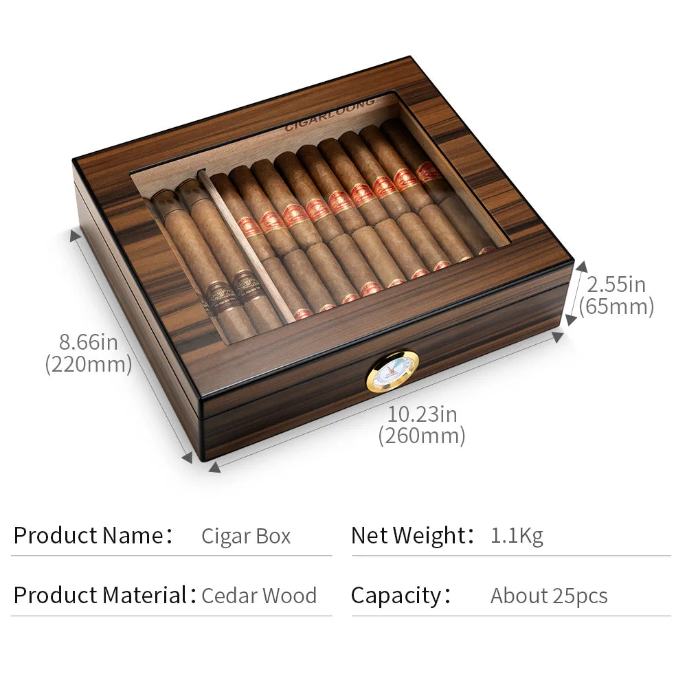 Small wooden cigar humidor with cigars inside, showing dimensions and product details.