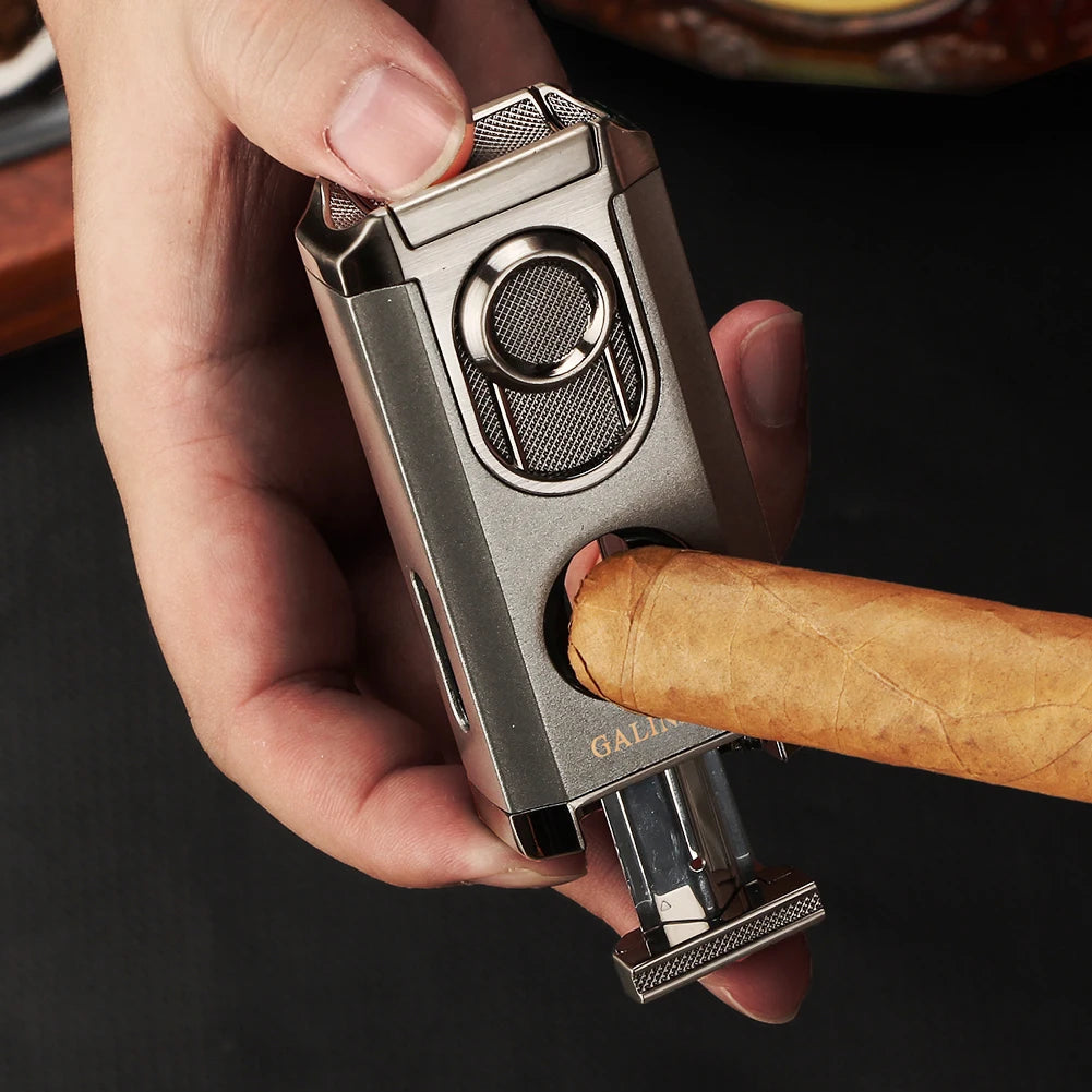 Cigar lighter V cutter being used on a cigar.