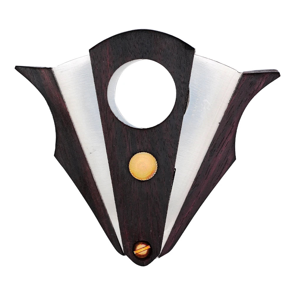 Cigar cutter with wooden handle and silver blade on a white background